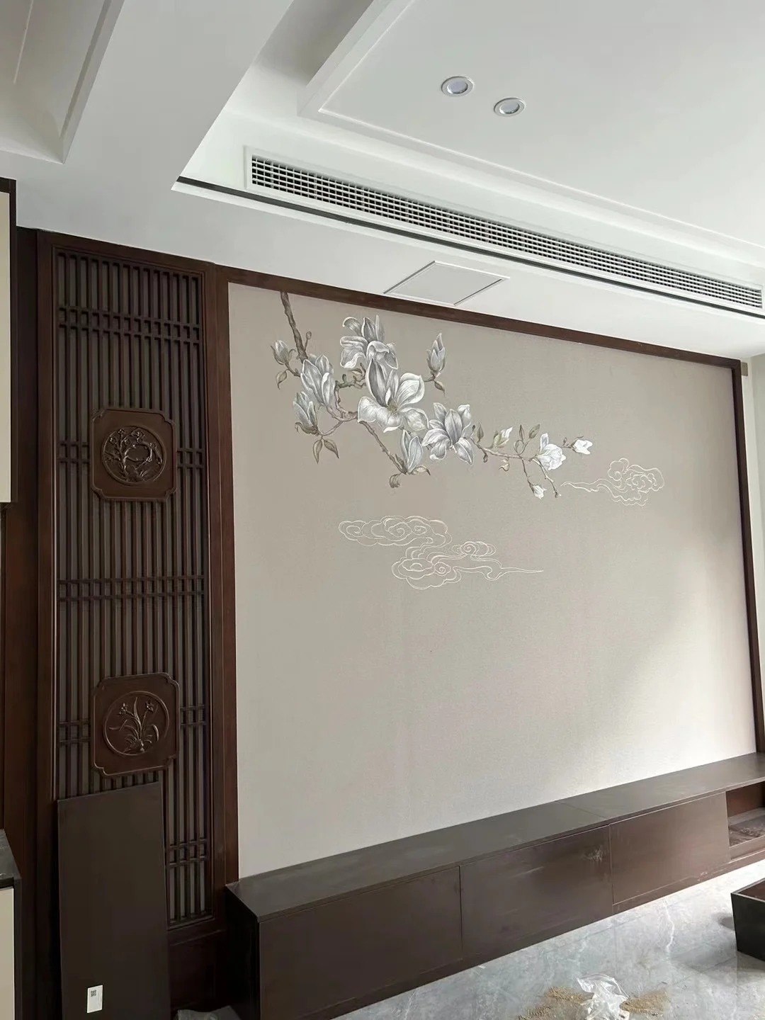 Magnolia embroidered feature wall in a residential interior