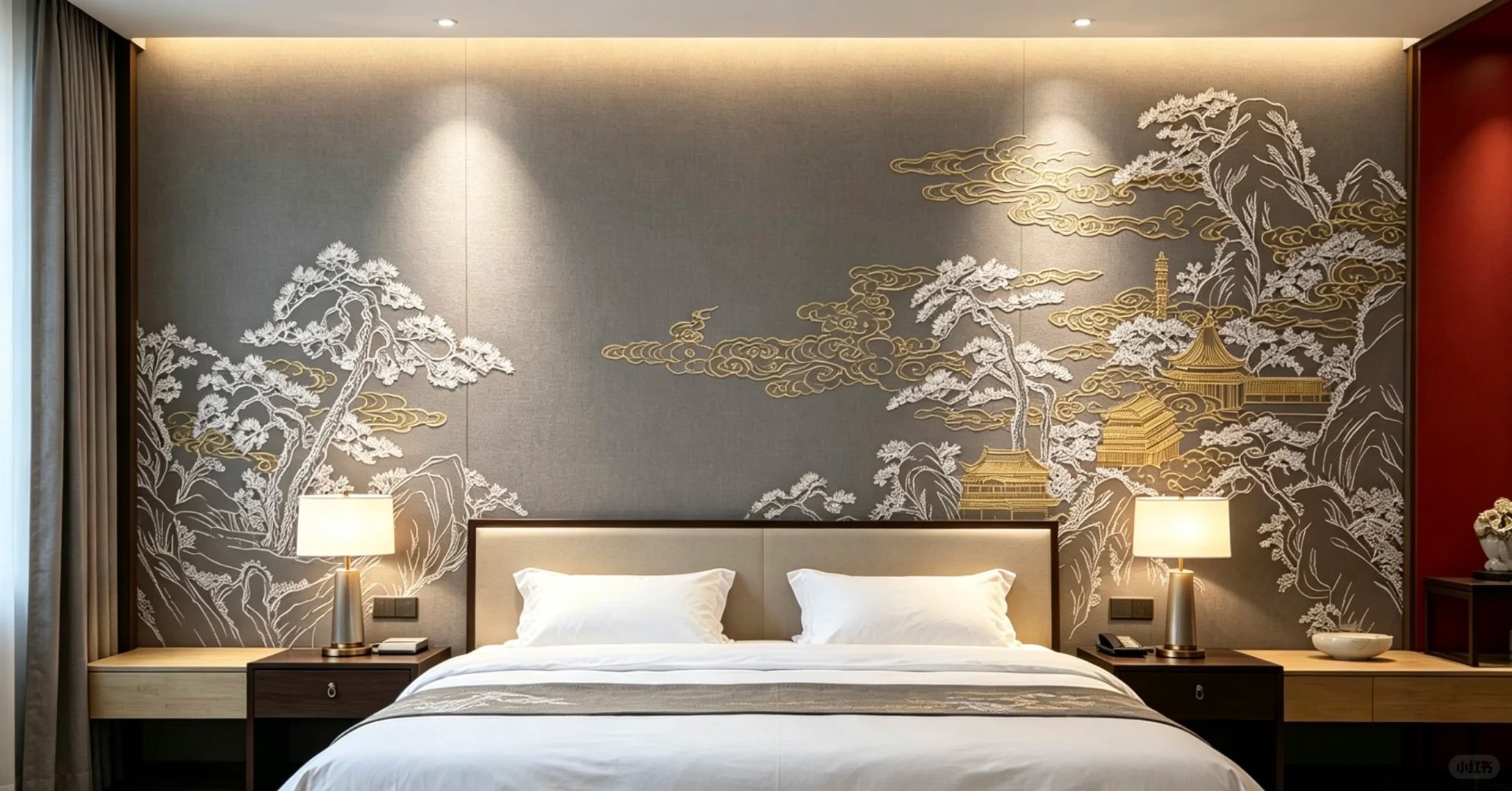 Embroidered landscape wallcovering used behind a hotel bed